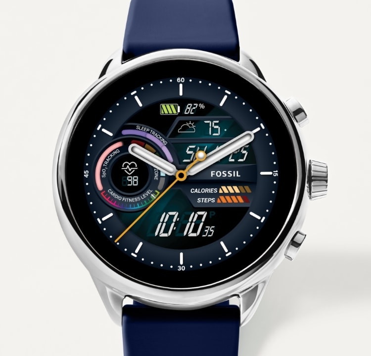 Un reloj inteligente Gen 6 Wellness Edition con una correa azul de silicona.