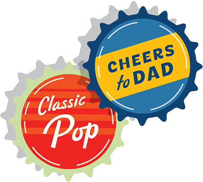 Sticker depicting bottle caps that state Classic Pop & Cheers to Dad.