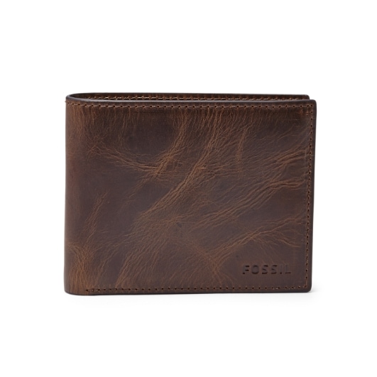 Brown leather bifold wallet.