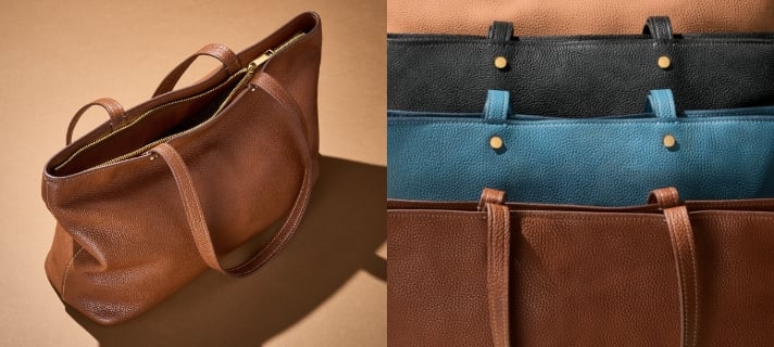 GIF de la cremallera del bolso tote Jessie abriéndose y una imagen en primer plano de los bolsos tote Jessie y su piel granulada.