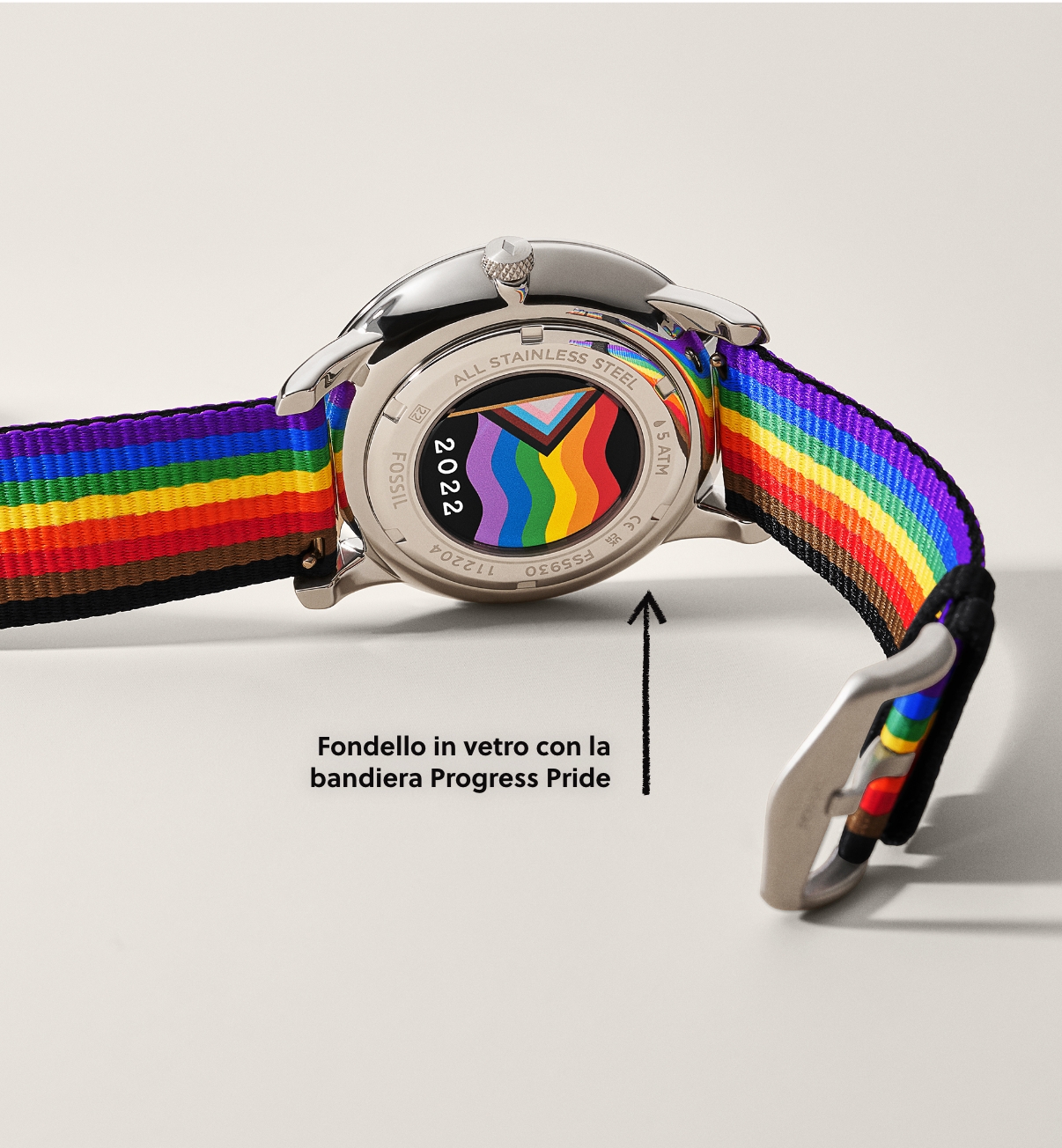 Orologio con fondello e cinturino con i colori della bandiera Pride
