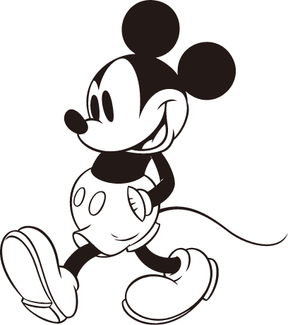 An illustration of Mickey Mouse walking with his hands in his pocket.