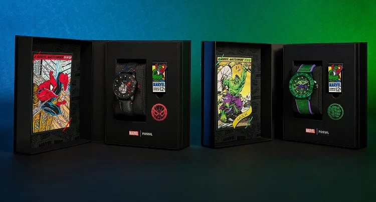 Comic book-style packaging, featuring archival Marvel cover art of a Hulk issue. The Fossil Hulk watch and lapel pin are housed inside.