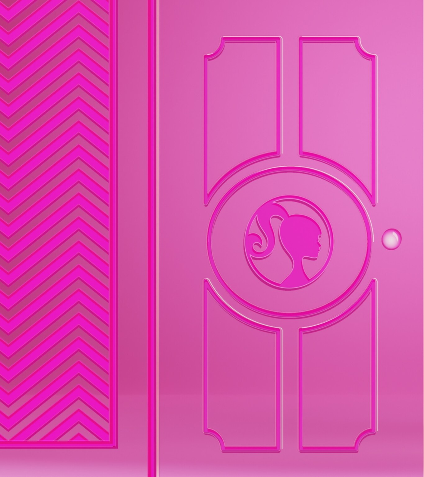 Des portes roses avec silhouettes de BarbieMC qui s’ouvrent pour révéler notre montre Raquel BarbieMC x Fossil en édition limitée avec un bracelet noir doté d’icônes comme une fleur de cristal, un patin à roulettes et une voiture rose.