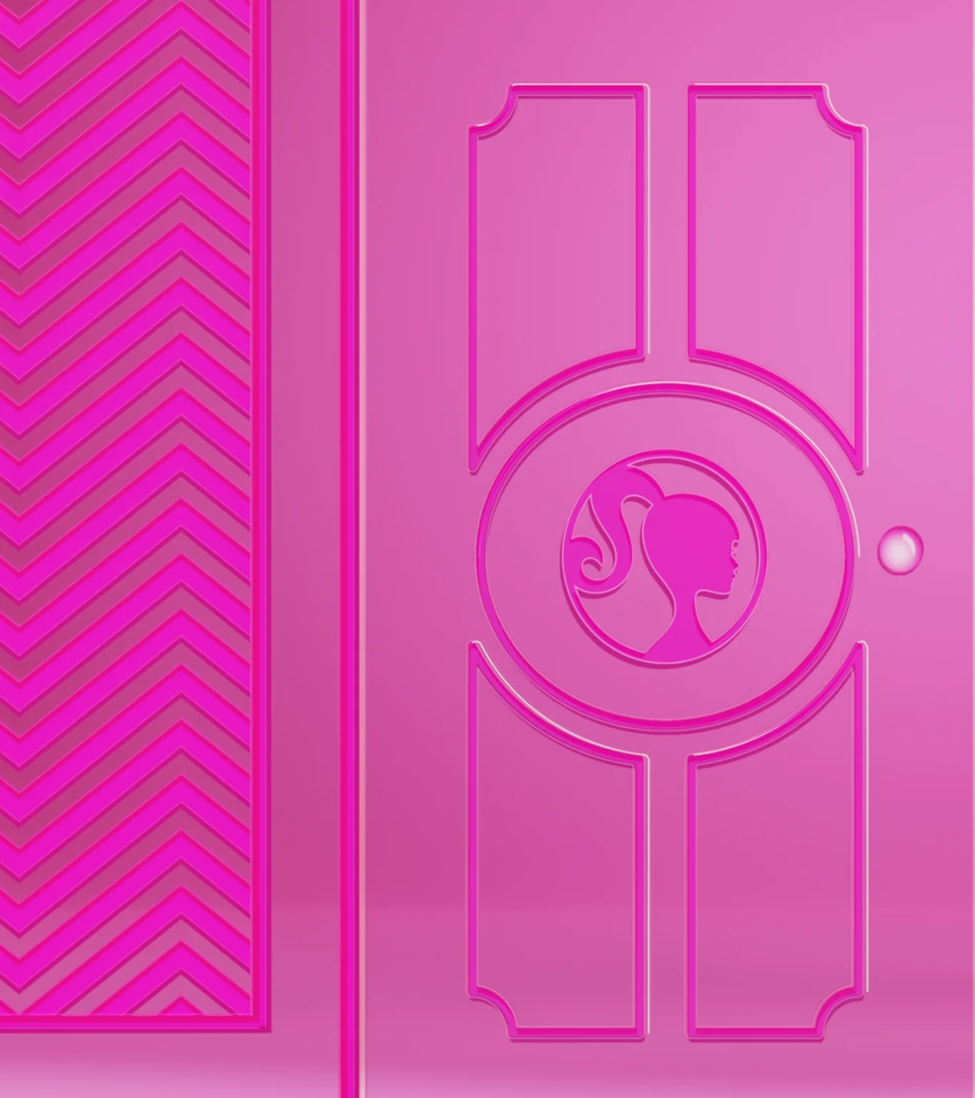 Pink doors with Barbie™ silhouettes that open to reveal our limited edition Barbie™ x Fossil Raquel watch, featuring a black strap with icons such as a crystal flower, a roller skate and a pink car.