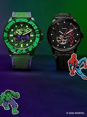 Two Fossil watches featuring limited-edition Spider-Man and Hulk designs.