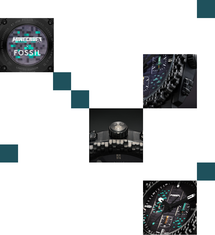 Watch detail images float against a dark pixelated background to highlight the lenticular caseback, silver Minecraft creeper watch crown, blocky topring and diamond tool subeye hands.