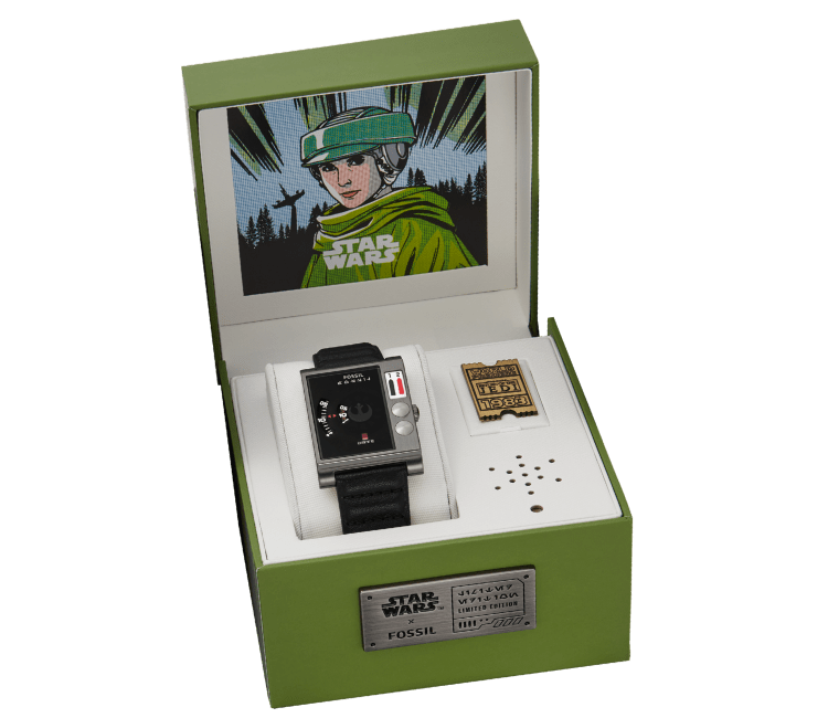 The Leia-inspired watch displayed in its box.