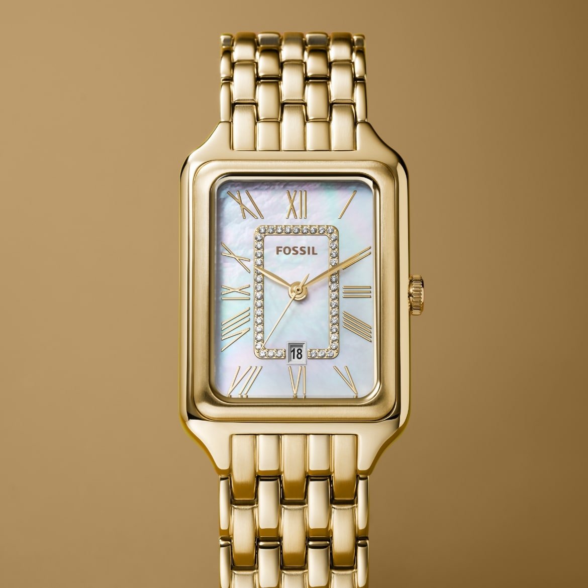 An elegant women's watch with a gold-tone finish, rectangular case and mother-of-pearl dial.