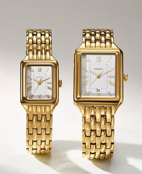 Three gold-toned Fossil Raquel watches in various sizes sit side-by-side on a white background.