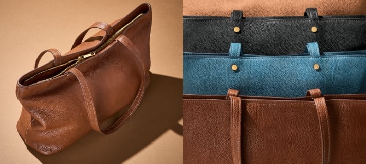 GIF de la cremallera del bolso tote Jessie abriéndose y una imagen en primer plano de los bolsos tote Jessie y su piel granulada. 