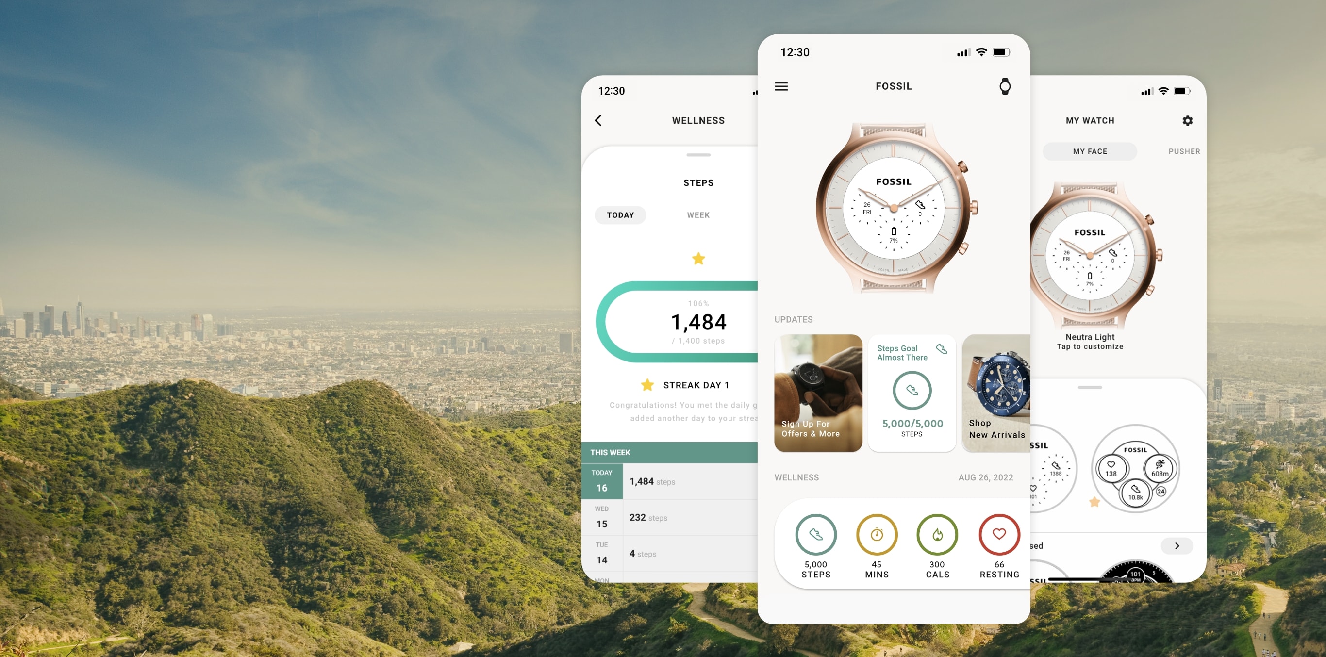 A scenic background and three simulated smartphone screens showcasing the Fossil Smartwatches app functionality for Hybrid HR. A scenic background and three simulated smartphone screens showcasing the Fossil Smartwatches app functionality for Hybrid HR.