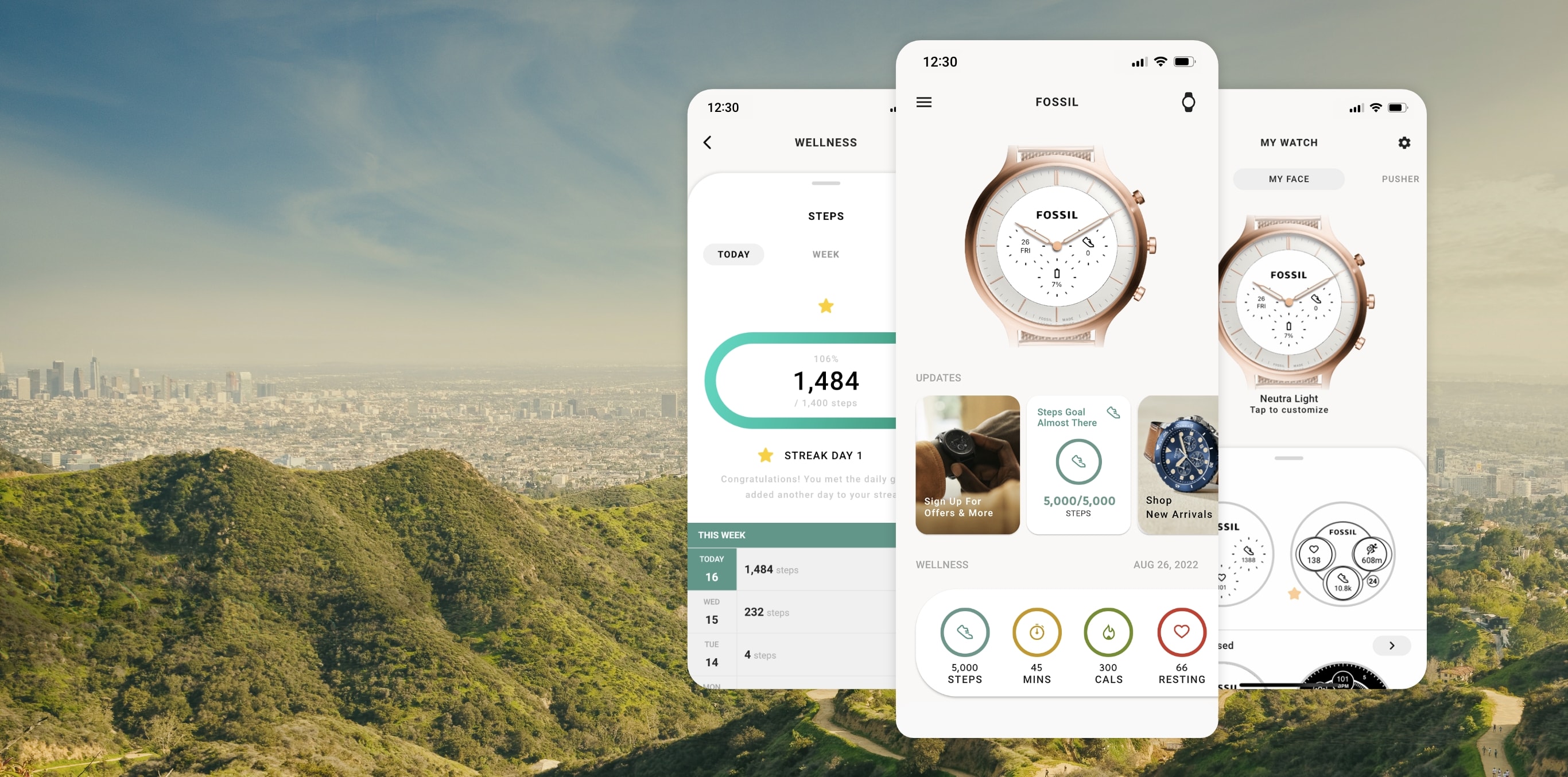 美しい景色を背景に、ハイブリッドHR向けのFossilスマートウォッチアプリ機能を表示した、3つの調整済みスマートフォンスクリーン。