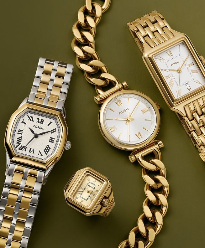 A row of men's watches featuring a variety of movement types, dials and bracelets.