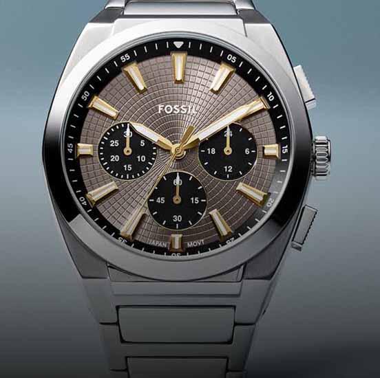 The Fossil Everett chronograph watch in a steel grey finish.