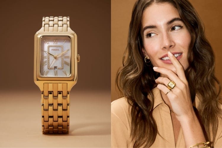 Gold-tone Raquel watch and a woman wearing the gold-tone Raquel watch ring.