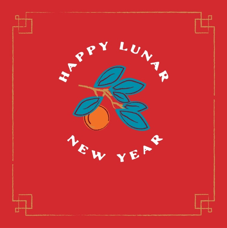 Happy Lunar New Year graphic with an orange. Red background with golden border and a rabbit graphic with an orange and flowers in the lower right-hand corner. 