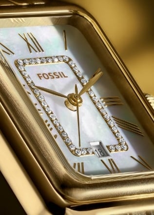 Closeup of the Raquel watch dial, featuring mother-of-pearl and crystal accents.