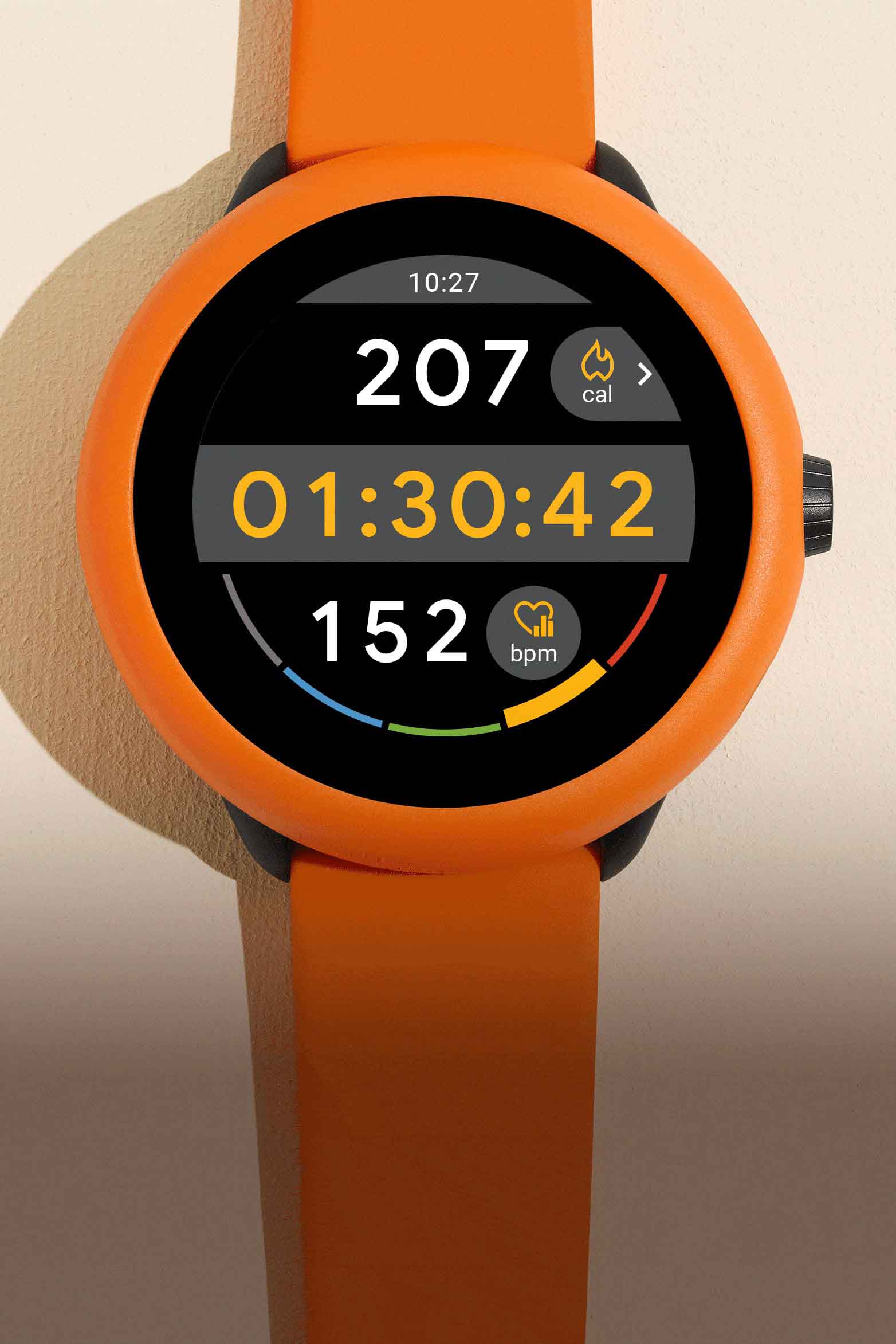 A GIF of the Gen 6 Wellness smartwatch gift set, featuring black silicone and orange bumper.