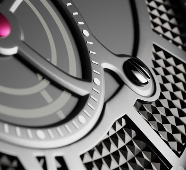 A detailed view of the intricate guilloche texture around the dial.