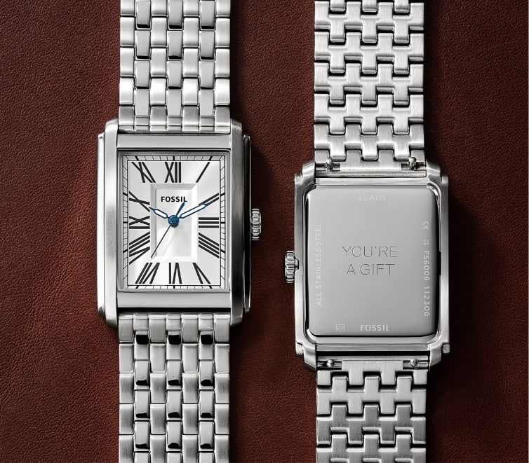 The front and back of Carraway watch engraved with You're a gift.