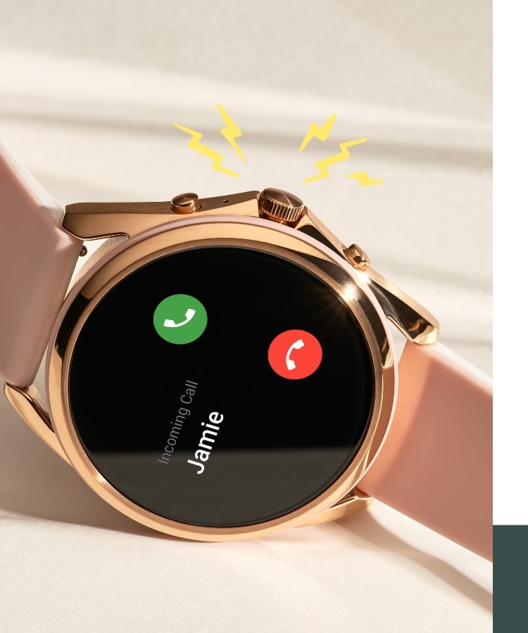 A Gen 5 LTE smartwatch with a pink strap and Incoming Call Jaime on the dial. 