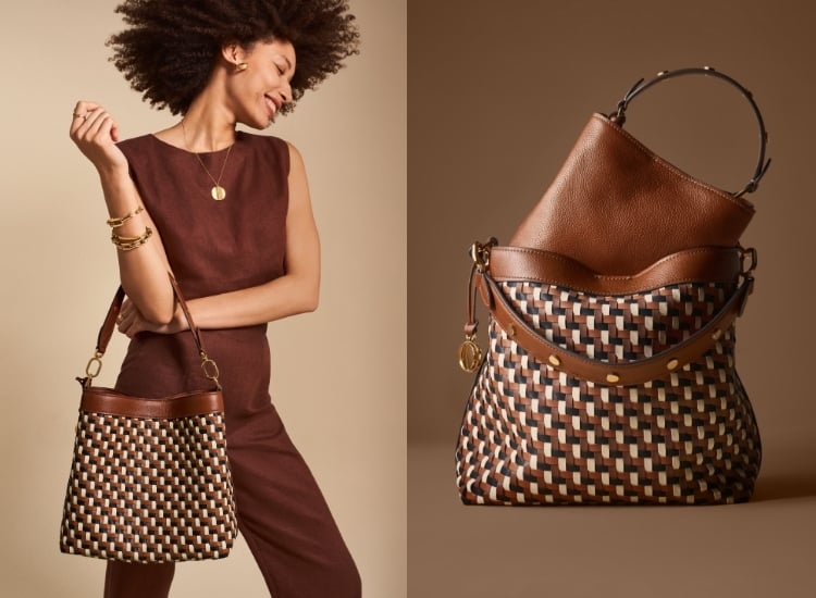 A woman in a brown outfit carrying the woven, multi-coloured Jessie Bucket bag. The woven multi-coloured Jessie Bucket bag with a smaller brown leather Jessie Bucket bag resting inside of it.