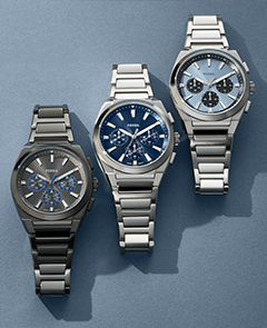 Multiple Everett watches, showcasing the lume-filled baton hands.