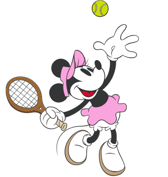 ディズニーのミニーマウスがテニスボールをオーバーハンドサーブしているGIFアニメーション画像。