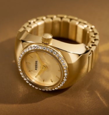 Gold-tone Watch Ring with crystal topring.