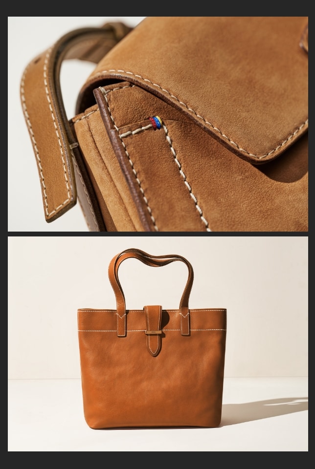 Ein GIF einer Tasche Tremont aus braunem Wildleder und einer Nahaufnahme der dreifarbigen, handgefertigten Riegelstiche und unversäuberten Kanten.