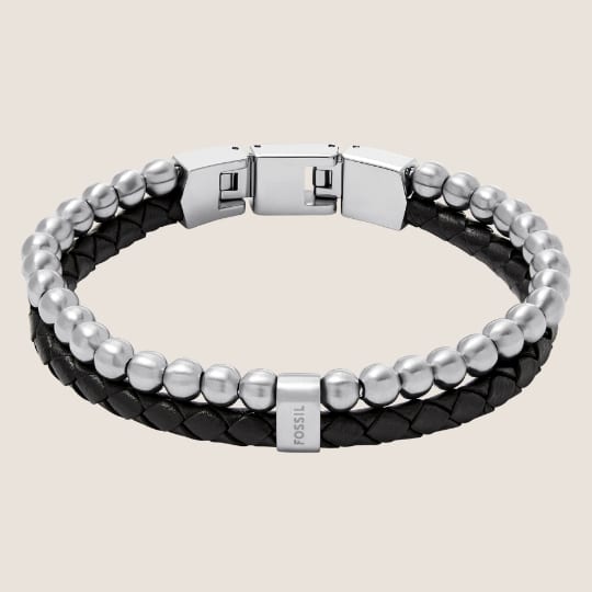 Men's silver-tone and leather bracelet. 