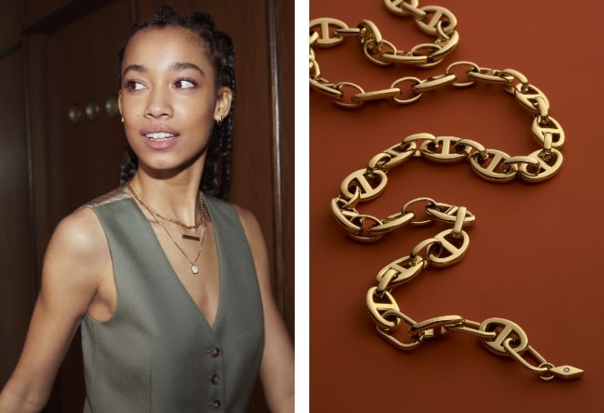 Gif of a woman wearing gold-tone Fossil Heritage necklaces and a closeup of a gold-tone Fossil Heritage Jewelry piece.