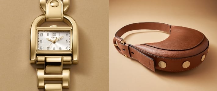 Die goldfarbene Uhr Harwell und eine Tasche Harwell aus braunem Leder mit goldfarbenen Nieten.