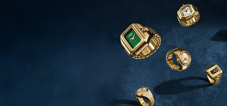 A colorful array of Fossil watch rings.