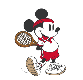 ディズニーのミッキーマウスがテニスラケットをスイングしているGIFアニメーション画像。