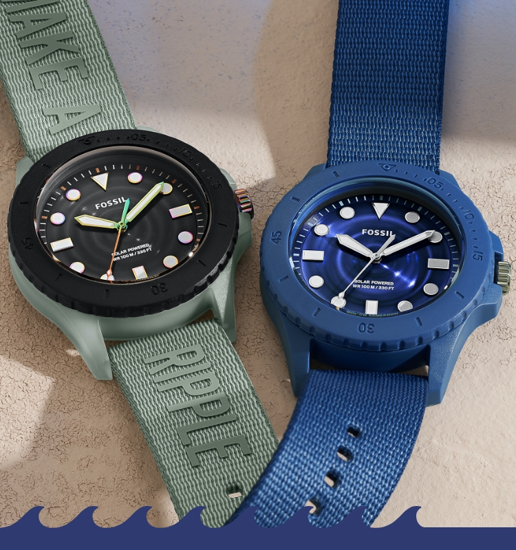 Two blue FB-01 solar-powered watches with wave graphics.