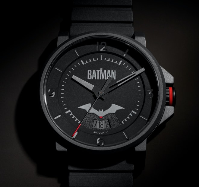 The Batman™ x Fossil watch on black background.