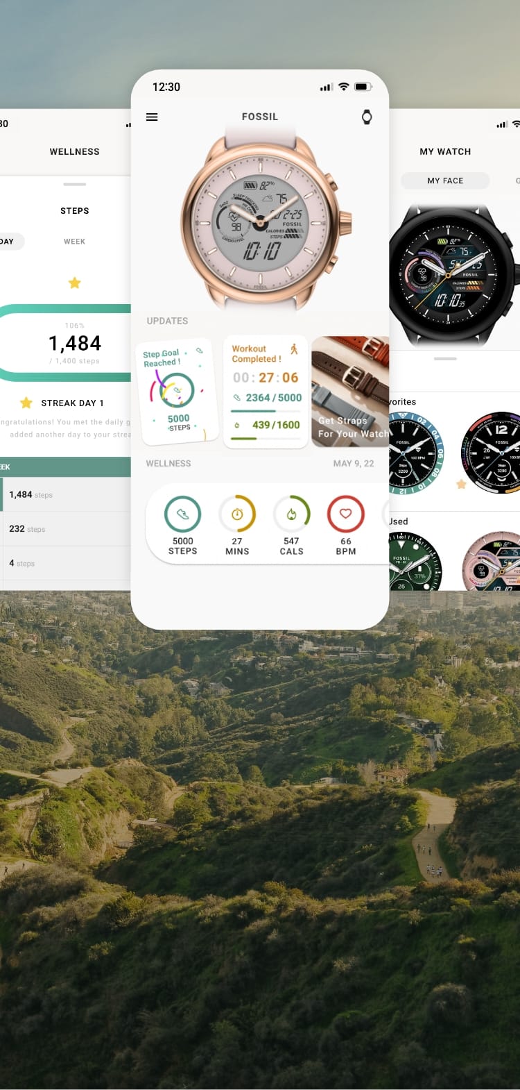 Trois simulations d’écrans de téléphones intelligents, mettant en évidence la nouvelle fonctionnalité de l’application de montres intelligentes Fossil, sur un fond de paysage.