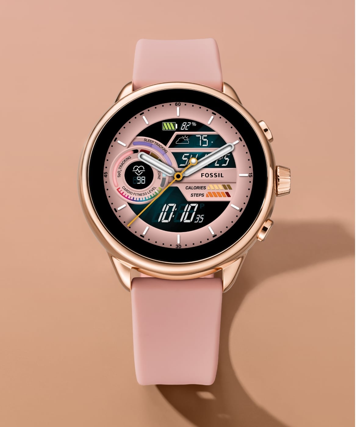 Une montre connectée hybride Gen 6 édition Wellness en silicone rose.