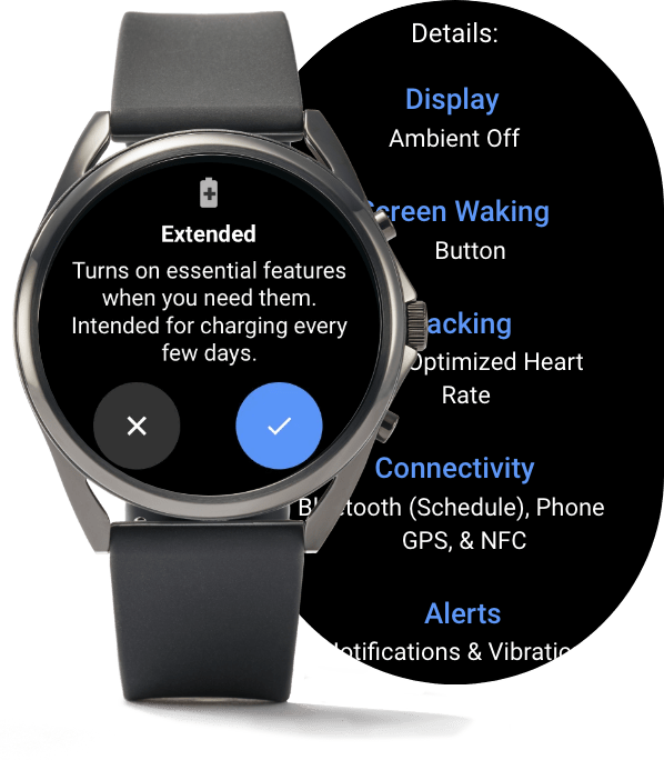 A Gen 5 LTE Smartwatch displaying different battery modes.