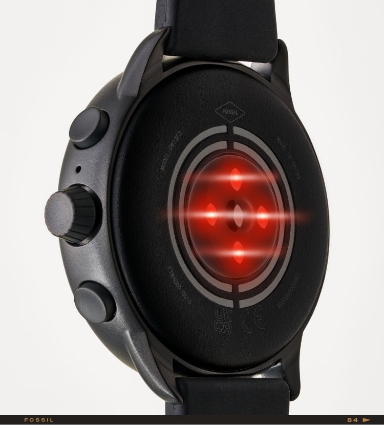 The back of a Gen 6 Wellness Edition smartwatch showing its red sensor to measure SpO2.