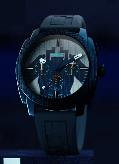 Die Uhr The Twisted Warden Minecraft x Fossil zeigt eine Silhouette auf dem Zifferblatt mit Pixelstruktur in verschiedenen Blautönen.