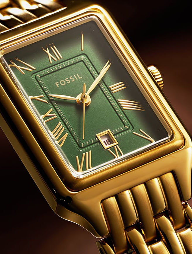 Defined by a rectangular dial, the elegant Raquel watch is shown in a gold-tone finish with a green dial.