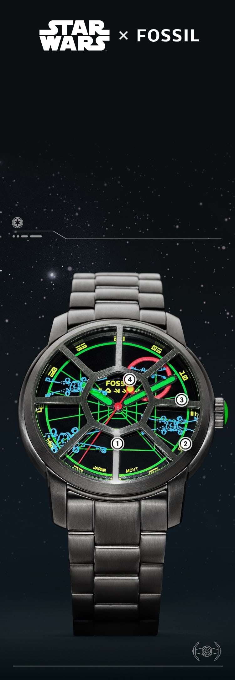 A close up of a stainless steel watch with a TIE fighter window over the crystal and a targeting grid and X-wings on the dial. 