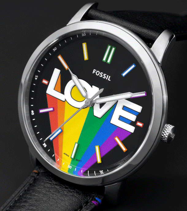 Uhr mit schwarzem Lederband und Pride Zifferblatt