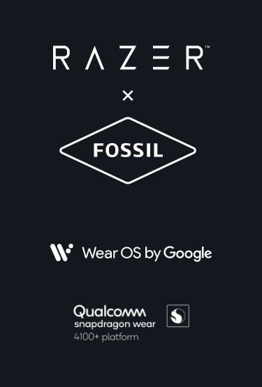 Razer x Fossil logo. Wear OS logo. Qualcomm logo.
