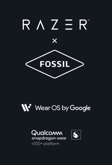 Razer x Fossil Logo. Wear OS Logo. Qualcomm Logo.