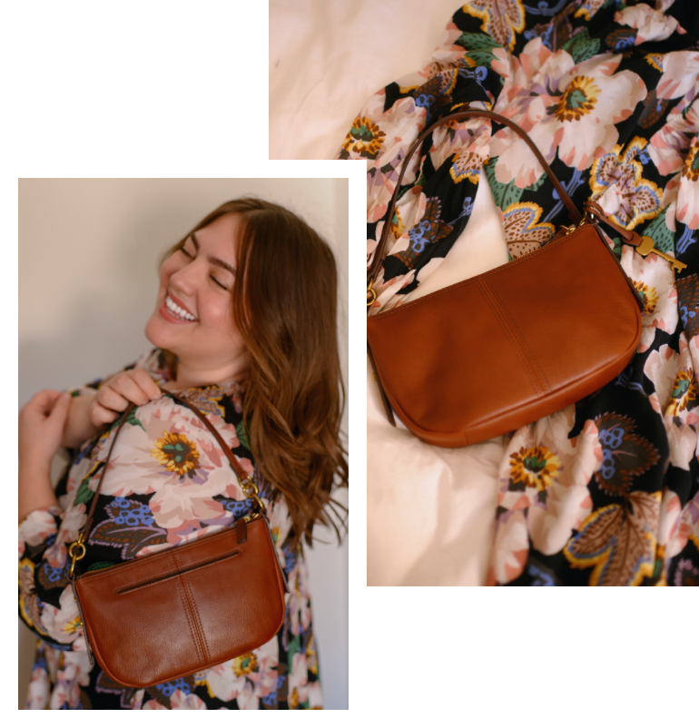 A woman in a floral dress holding the brown leather Jolie Baguette and a close-up of the Jolie baguette.