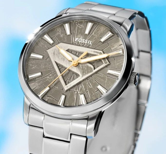 The limited-edition Fossil Superman watch featuring the Metropolis skyline with Superman flying around the dial on the second hand.